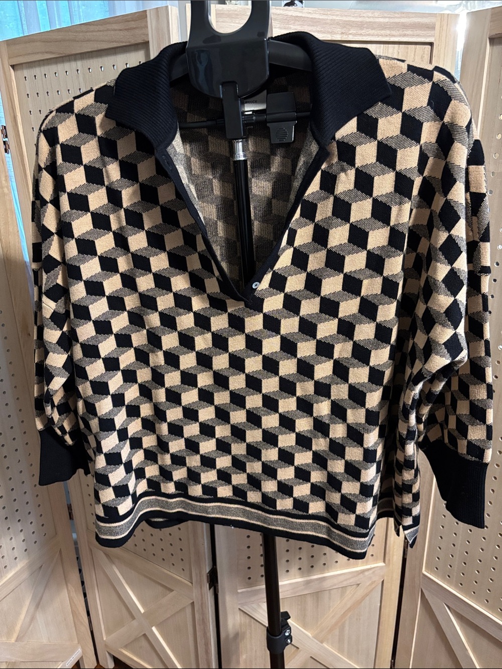 Tuckernuck Black & Tan Geometric V‑Neck Polo Sweater